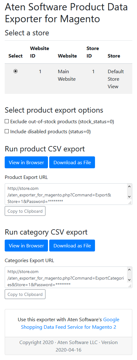 Screenshot of Aten Software Product Data Exporter for Magento 2